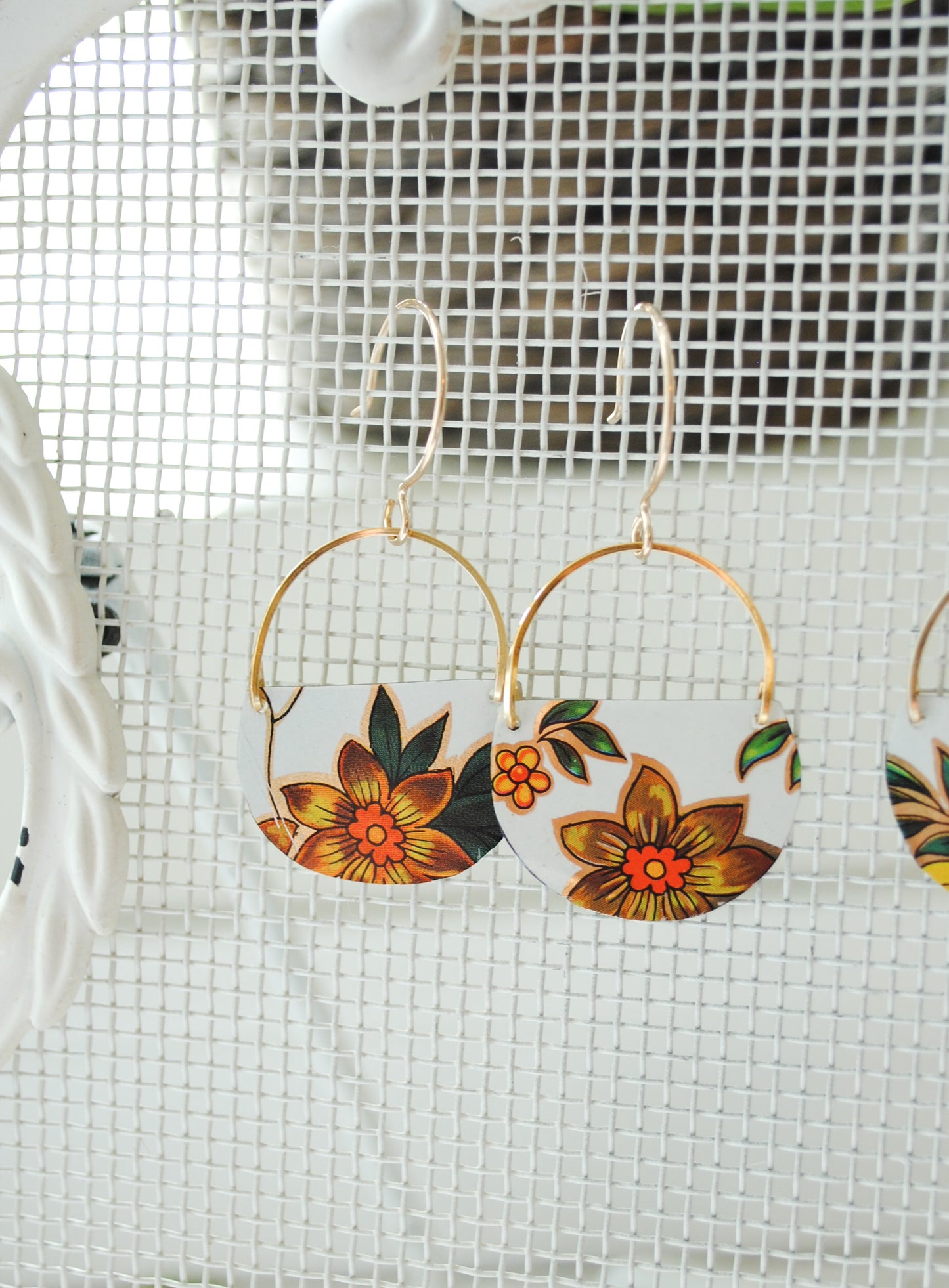 Yellow Flower Half Circle Earrings - Daffodil Earrings