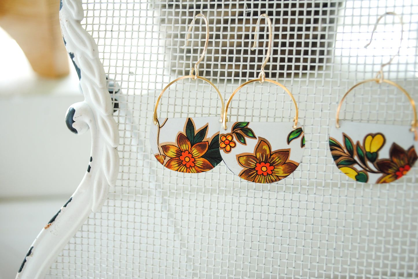 Yellow Flower Half Circle Earrings - Daffodil Earrings