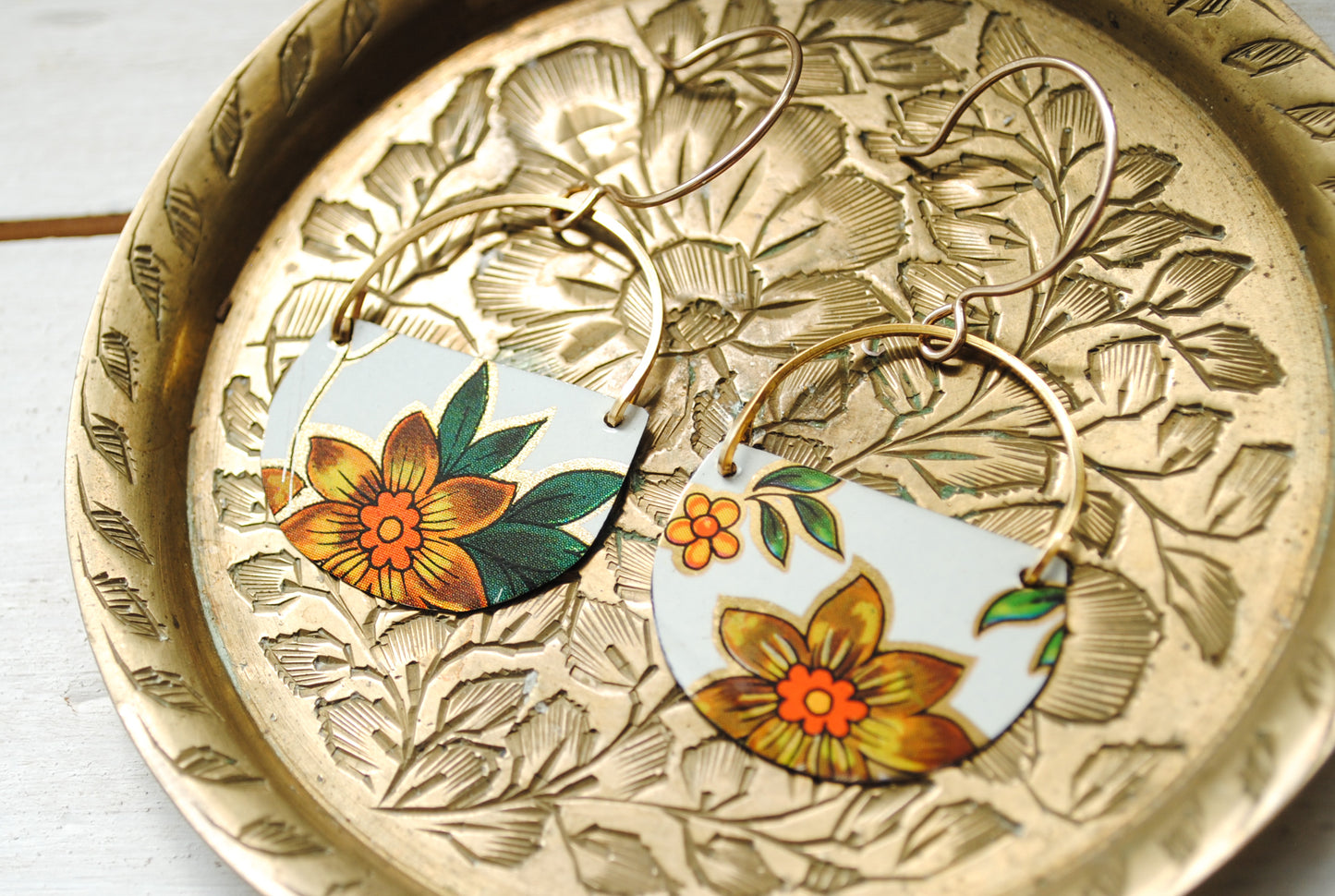 Yellow Flower Half Circle Earrings - Daffodil Earrings