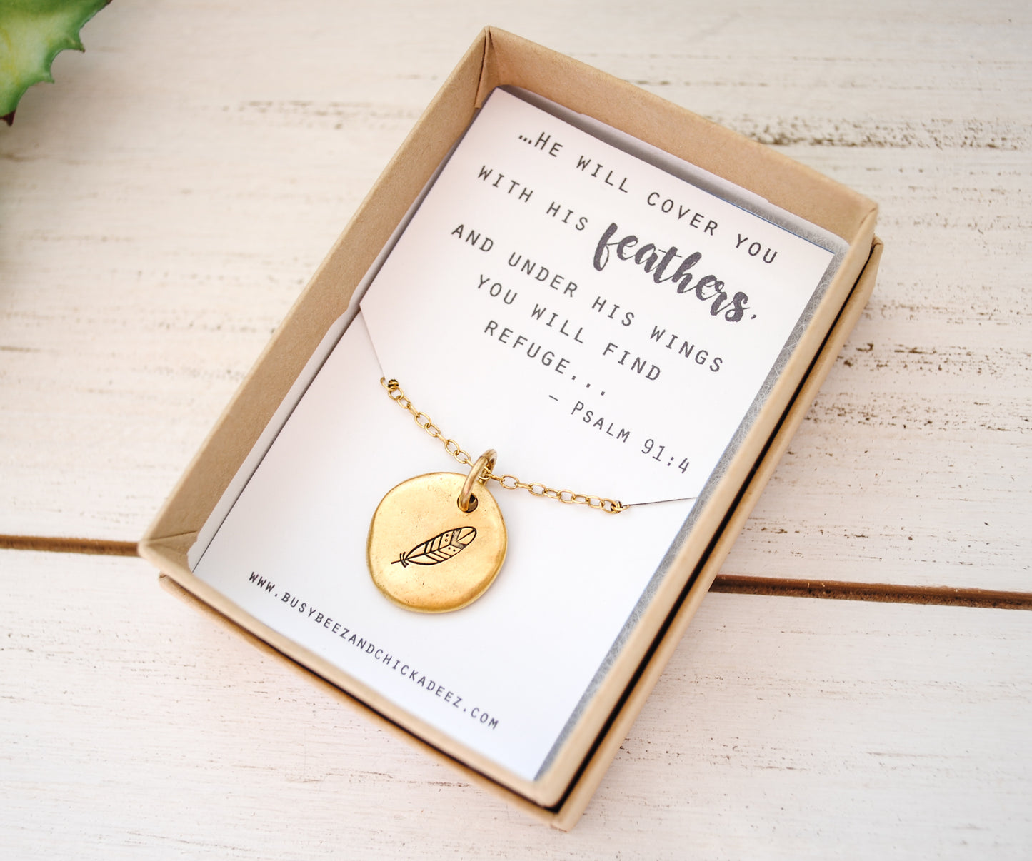 Feather Necklace - Psalm 91:4 He will cover you with his feathers - encouragement gift - Christian Necklace, Faith Jewelry - Gold or Silver