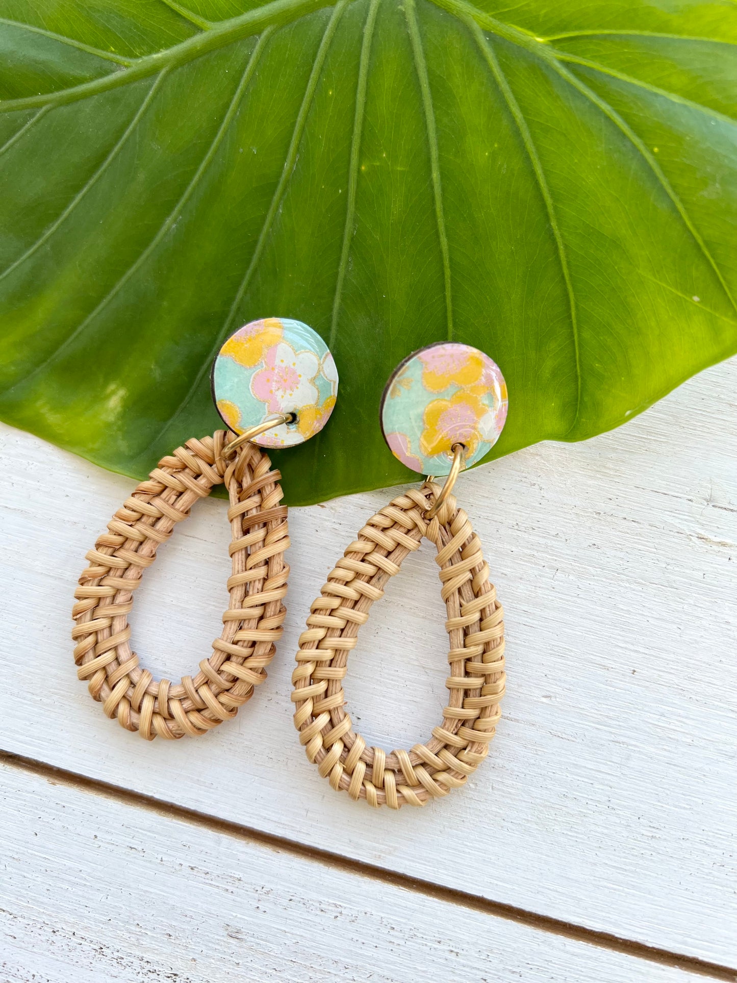 Turquoise Blossom Chiyogami Rattan Earrings