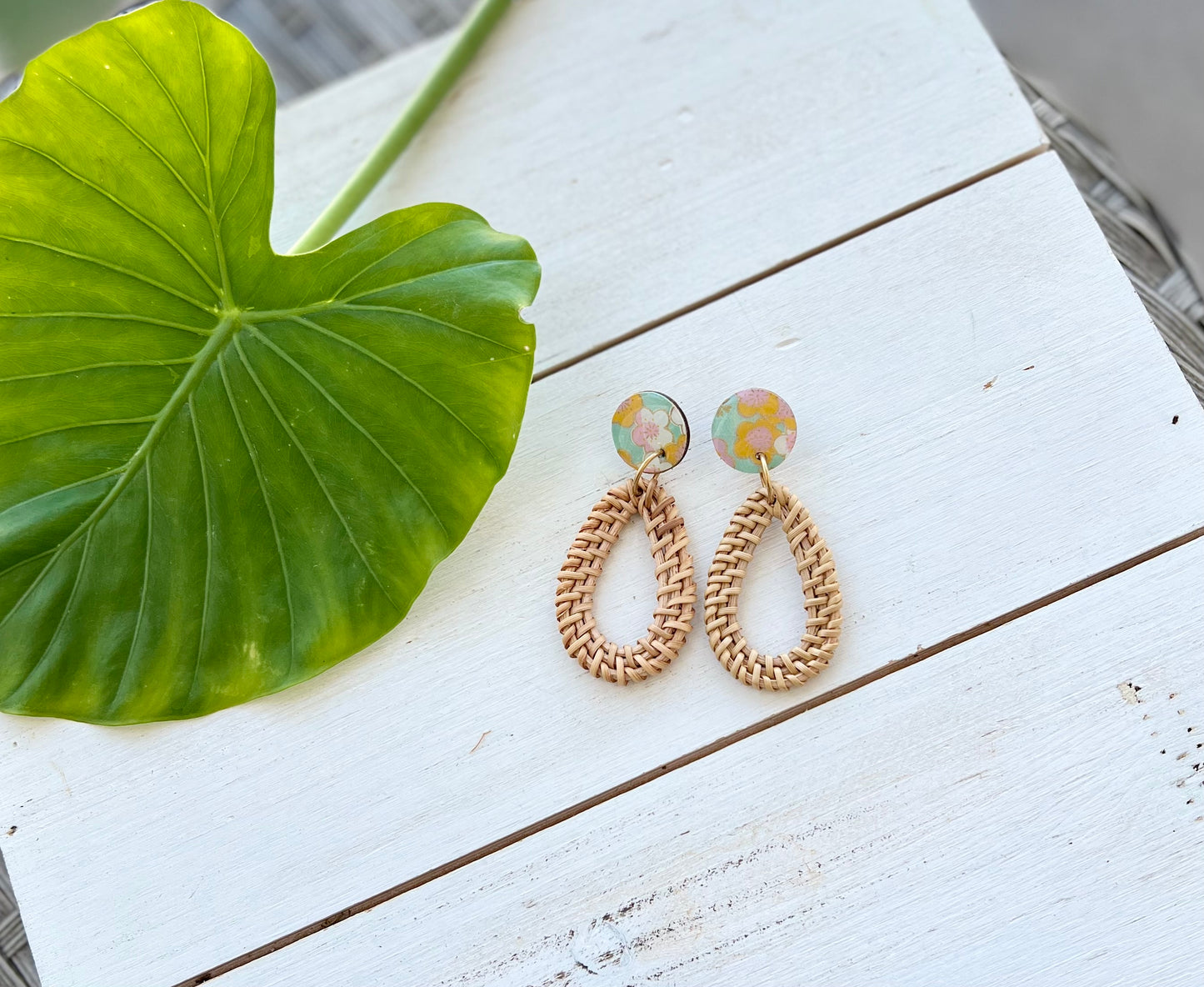 Turquoise Blossom Chiyogami Rattan Earrings