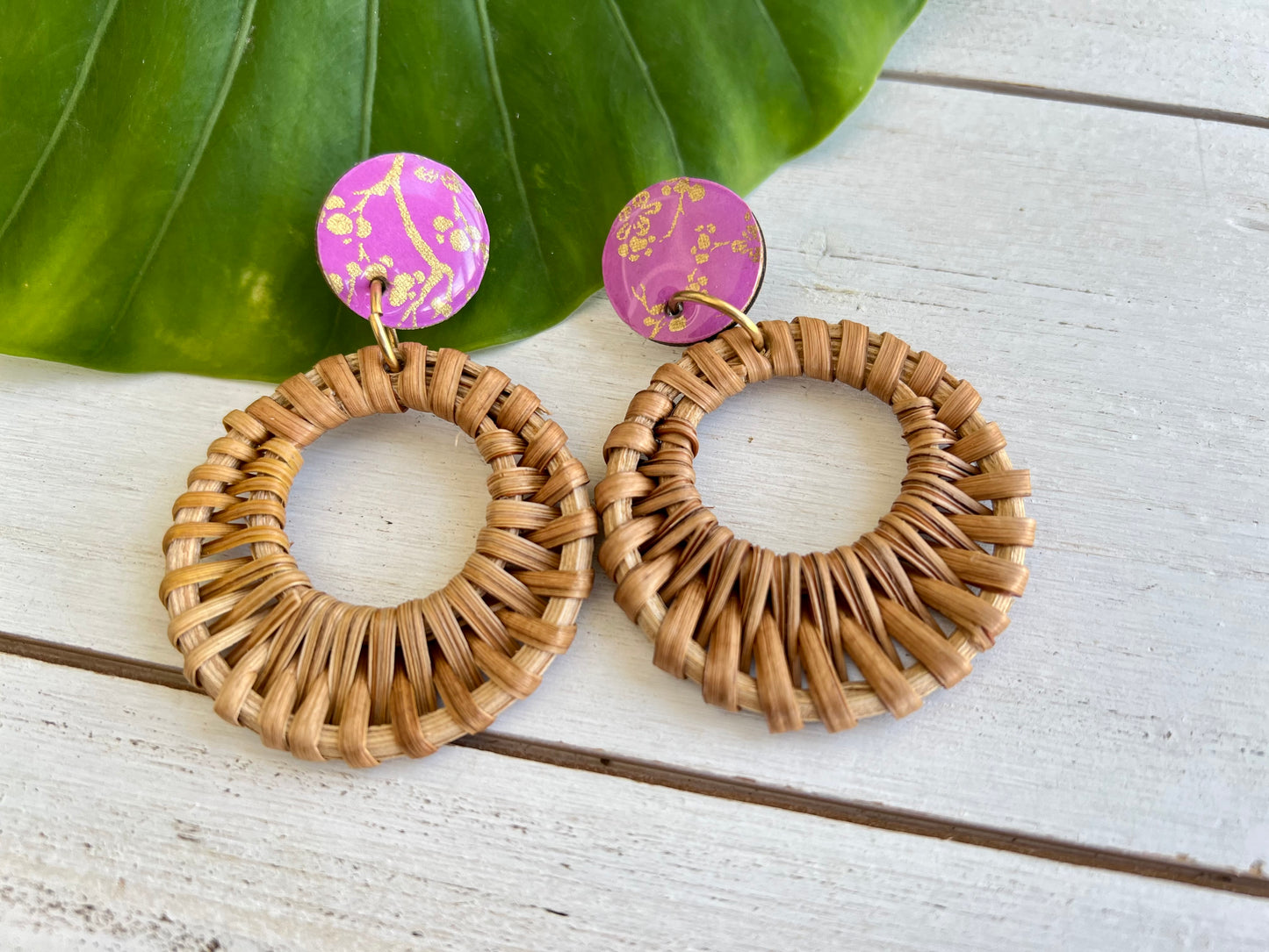 Purple Cherry Branch Chiyogami Rattan Earrings