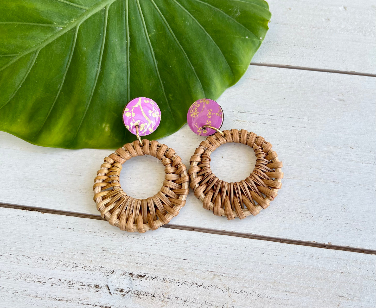 Purple Cherry Branch Chiyogami Rattan Earrings
