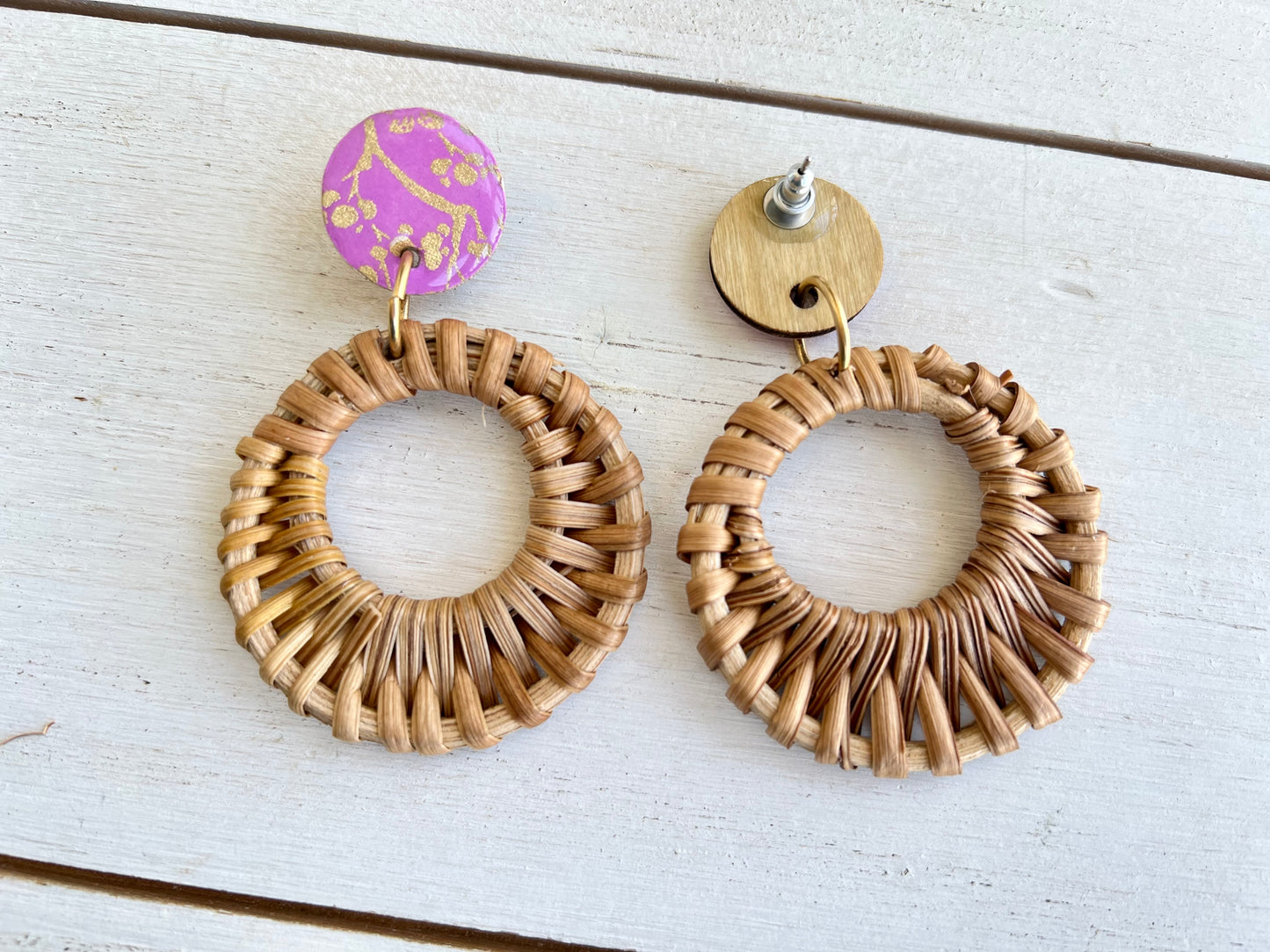Purple Cherry Branch Chiyogami Rattan Earrings