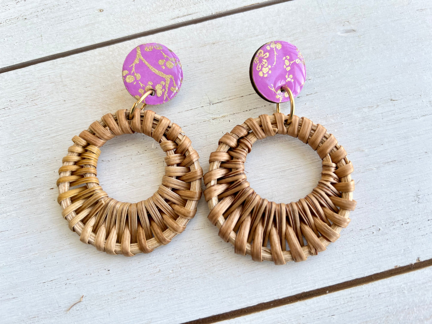 Purple Cherry Branch Chiyogami Rattan Earrings