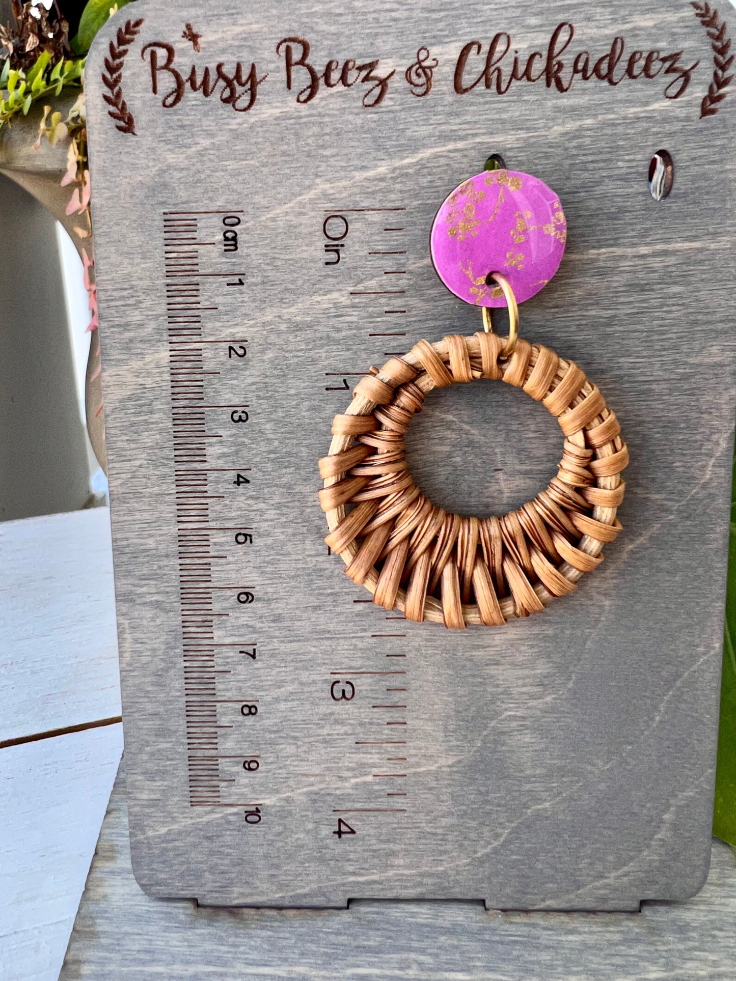 Purple Cherry Branch Chiyogami Rattan Earrings