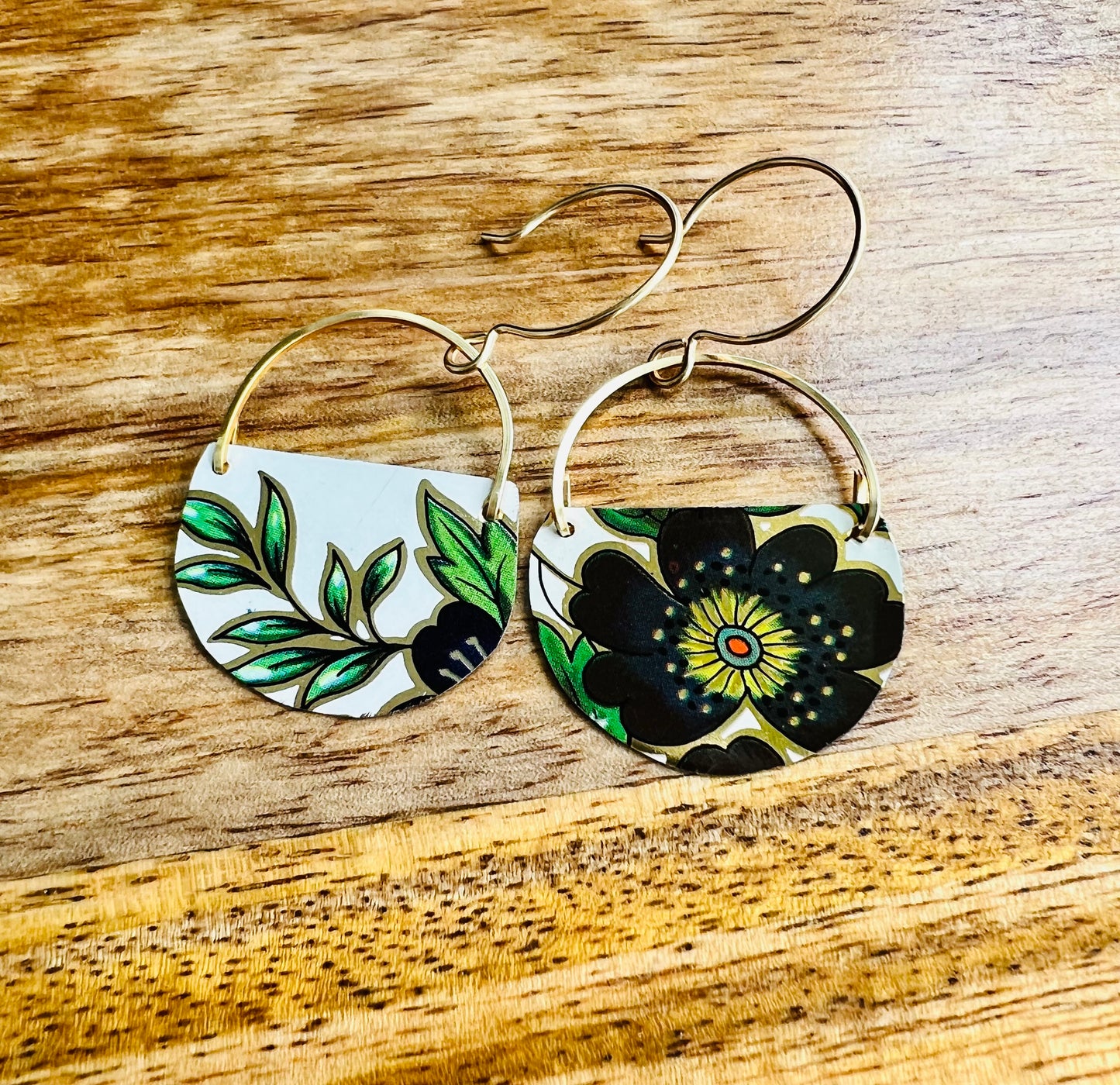 Navy Flower Half Circle Earrings