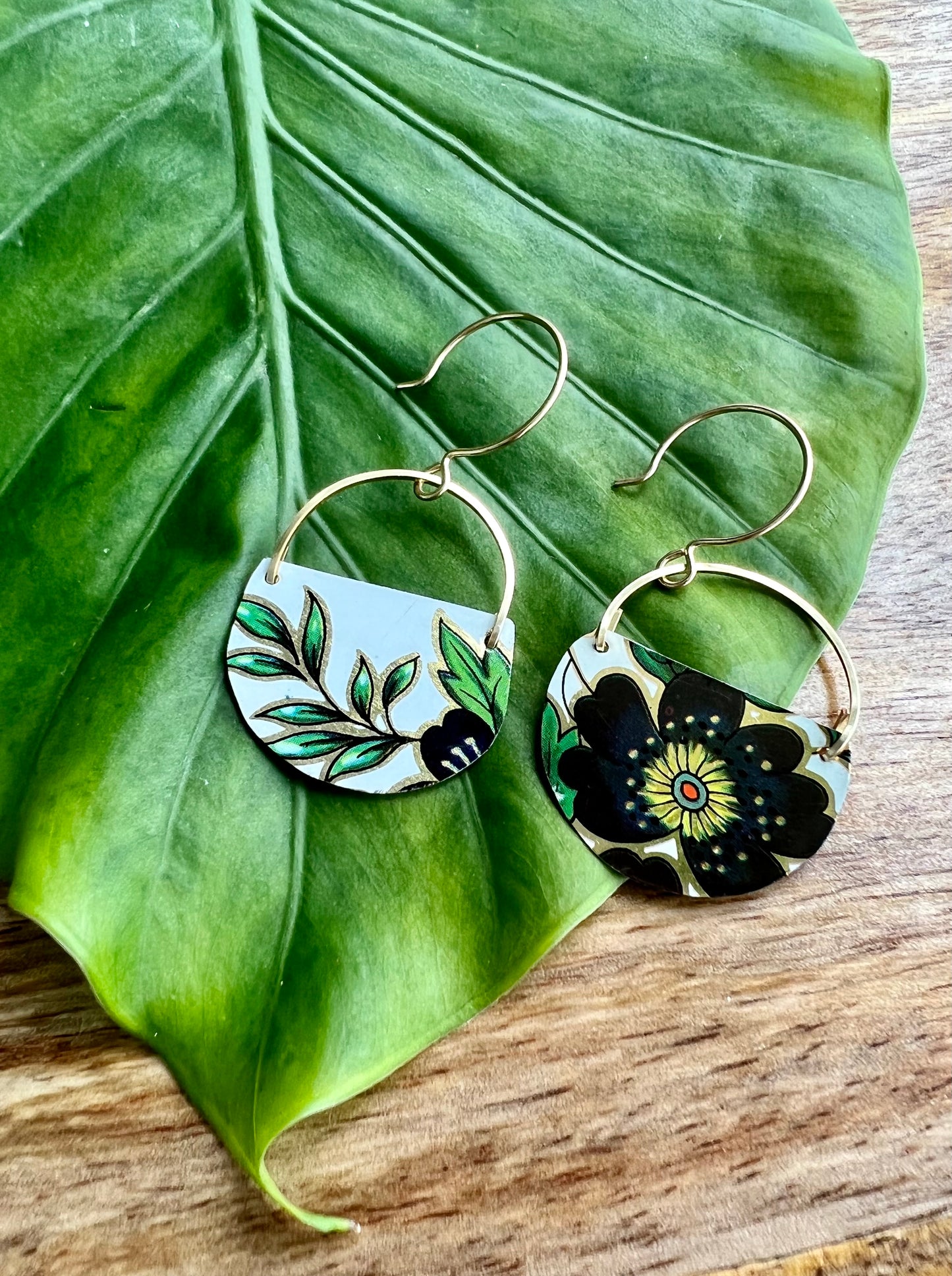 Navy Flower Half Circle Earrings
