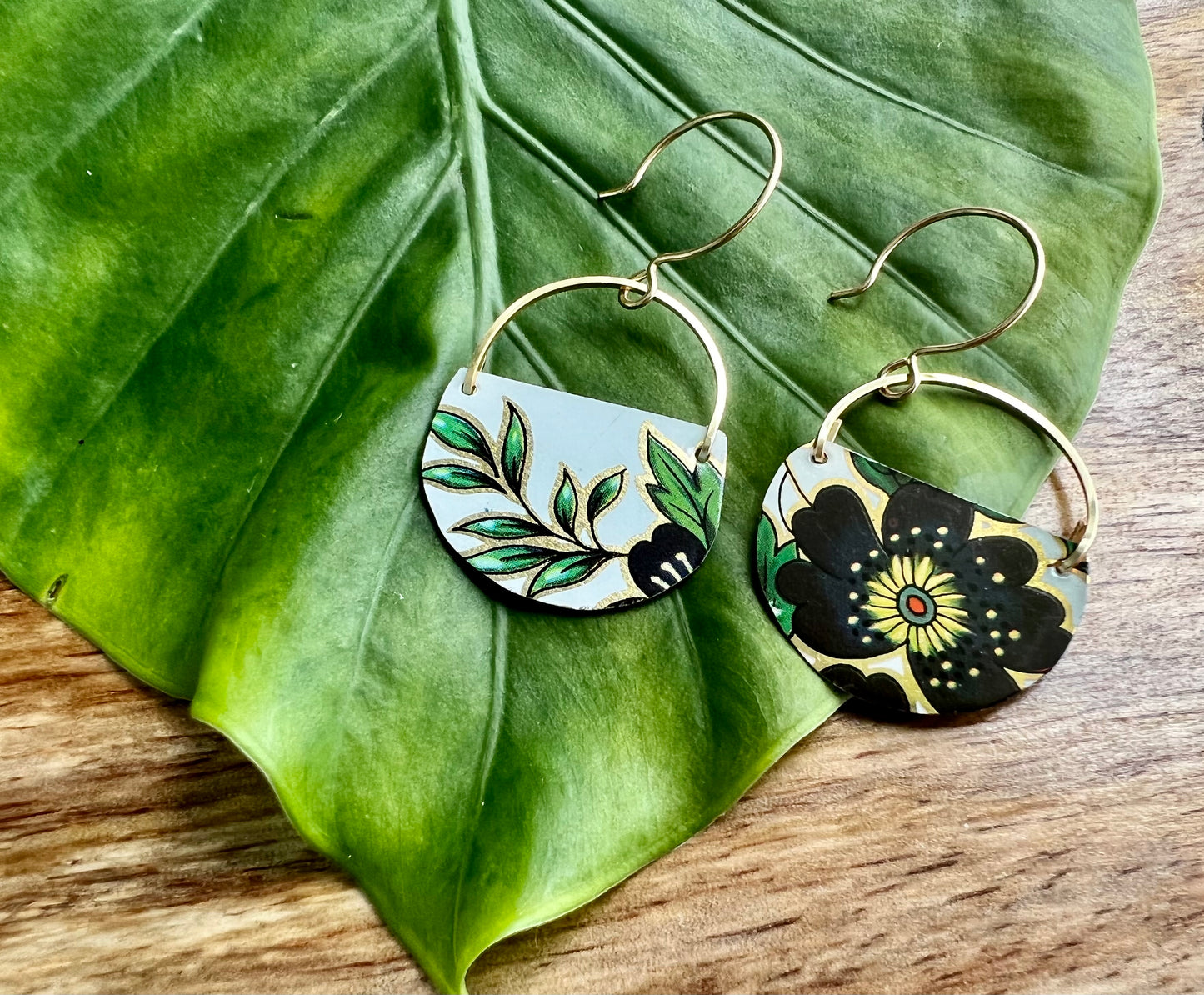 Navy Flower Half Circle Earrings