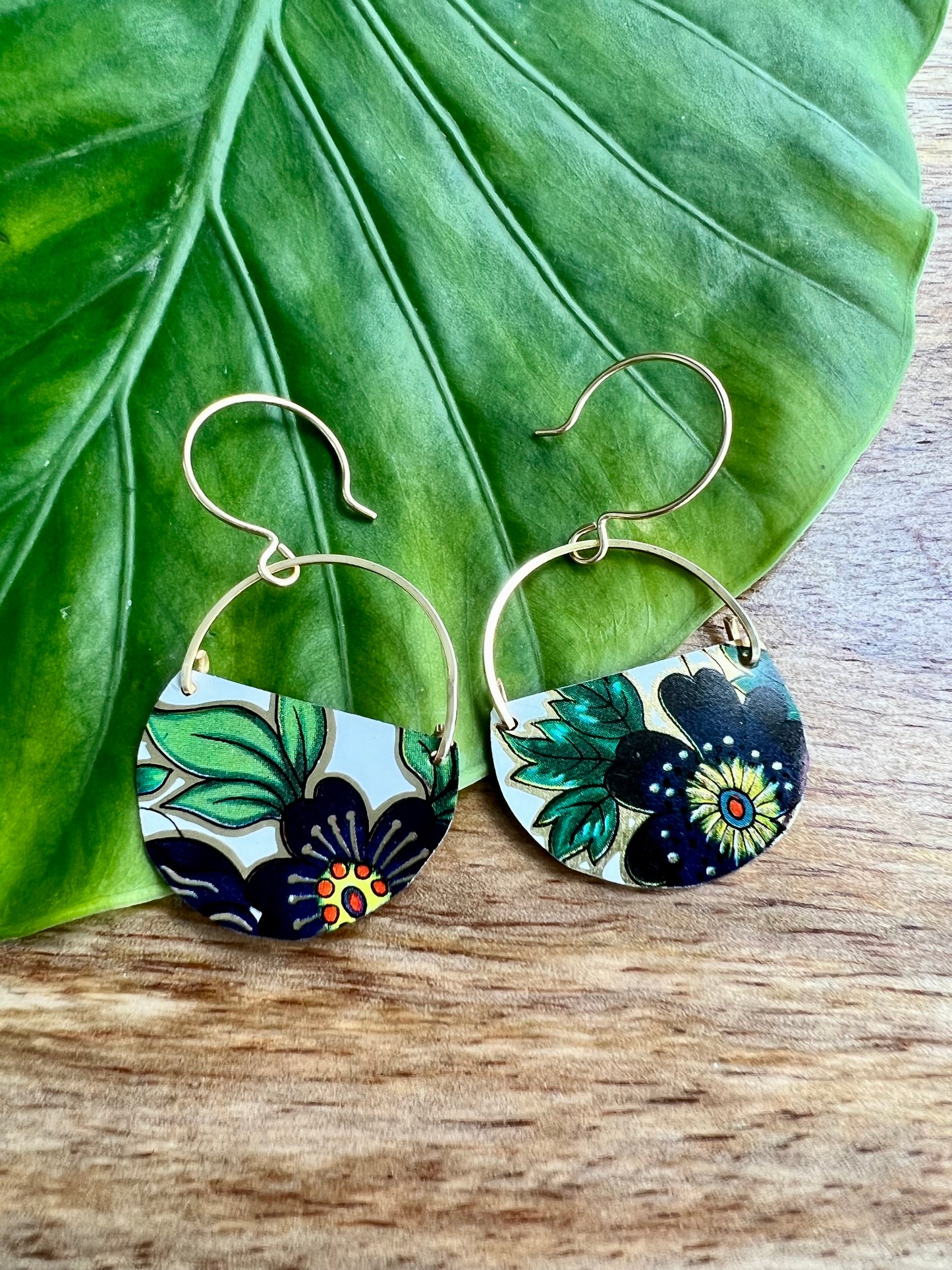 Navy Flower Half Circle Earrings