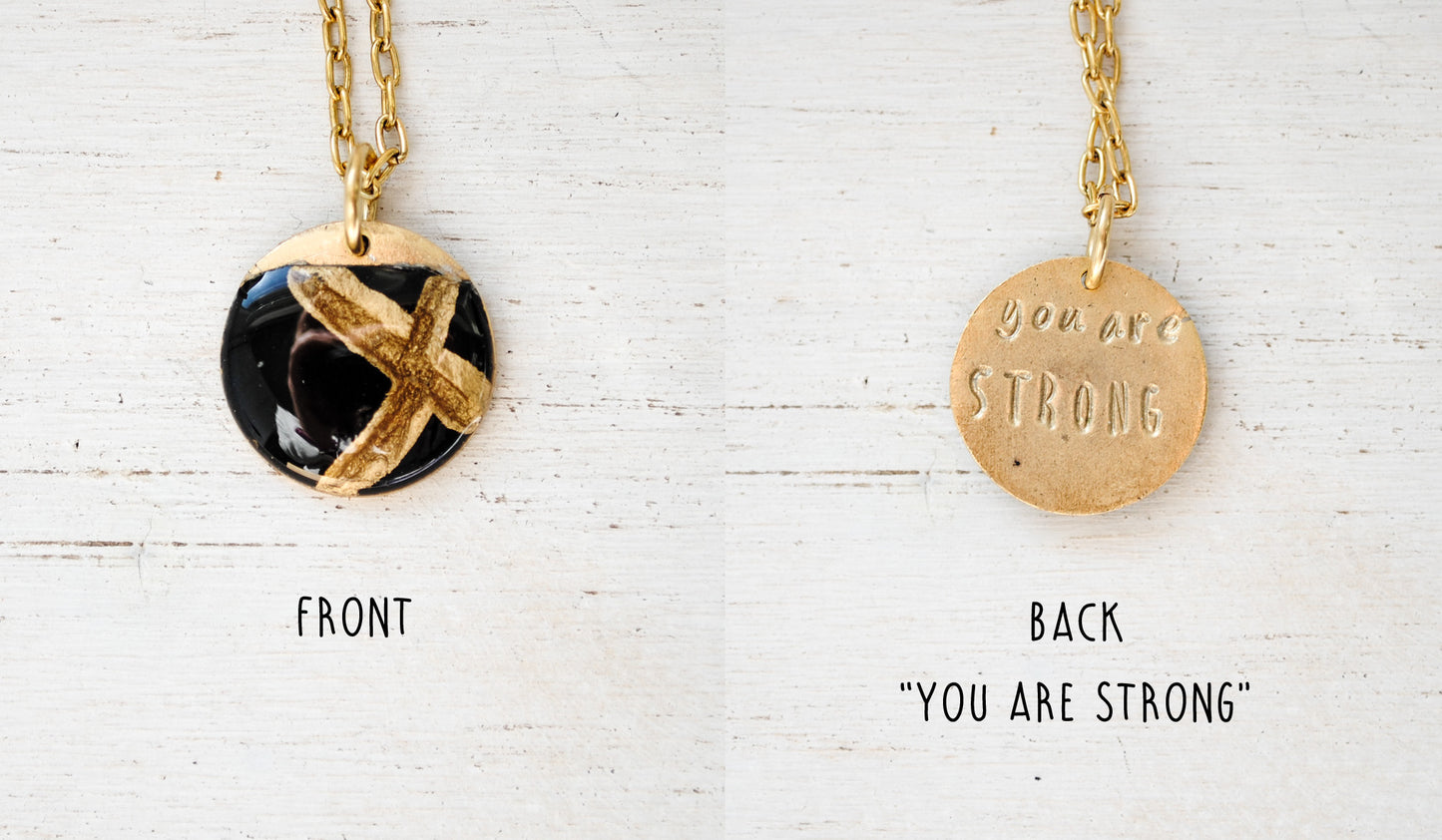 Kintsugi Inspired Pendants - Encouragement Gift - Double Sided Necklace - Small Circle, Black, Gold