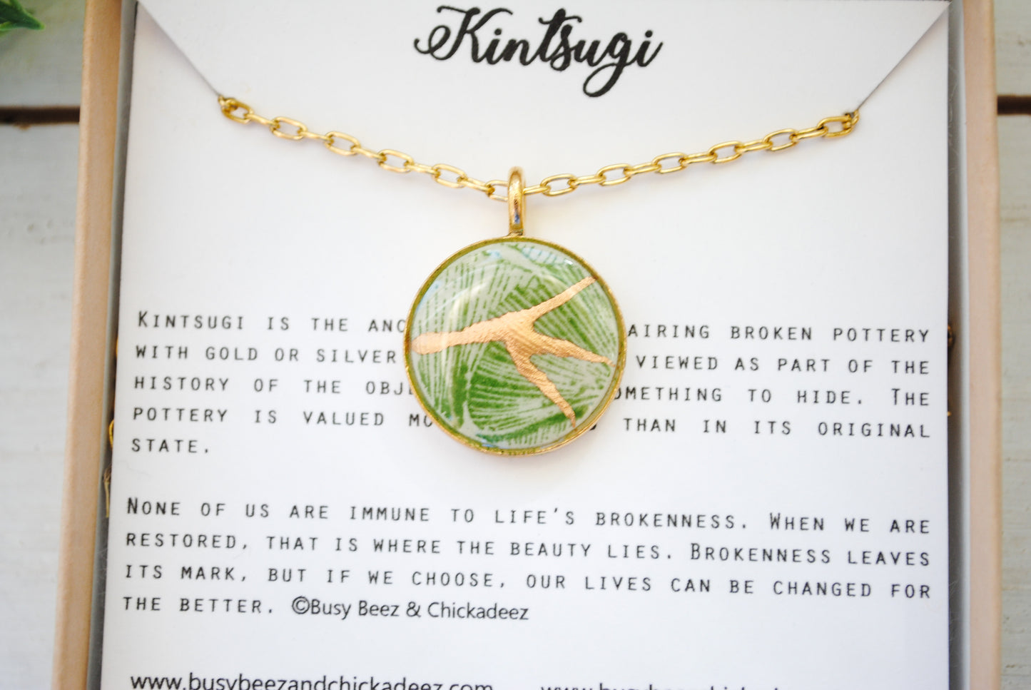 Kintsugi Inspired Pendants - Kintsugi Necklace Round, green gingko, gold or silver