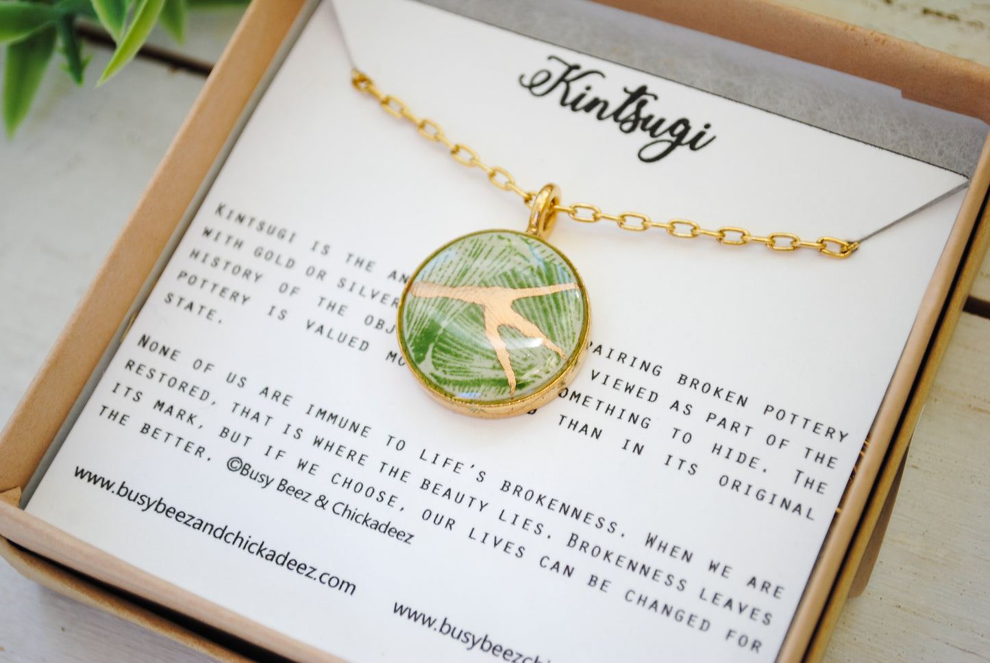 Kintsugi Inspired Pendants - Kintsugi Necklace Round, green gingko, gold or silver