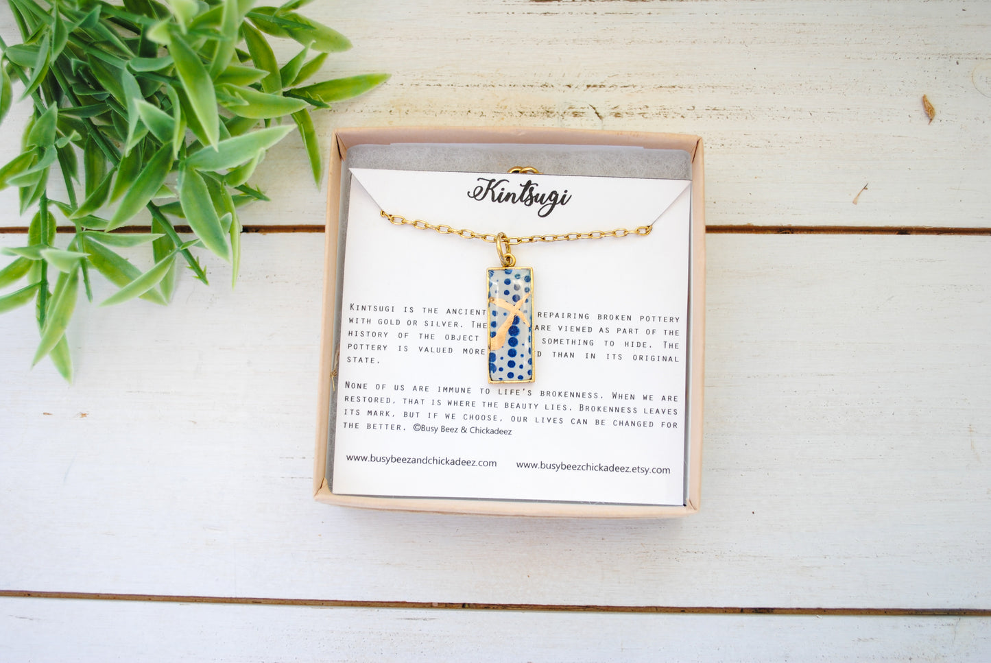 Kintsugi Inspired Pendants -Kintsugi Necklace Rectangle, blue dots