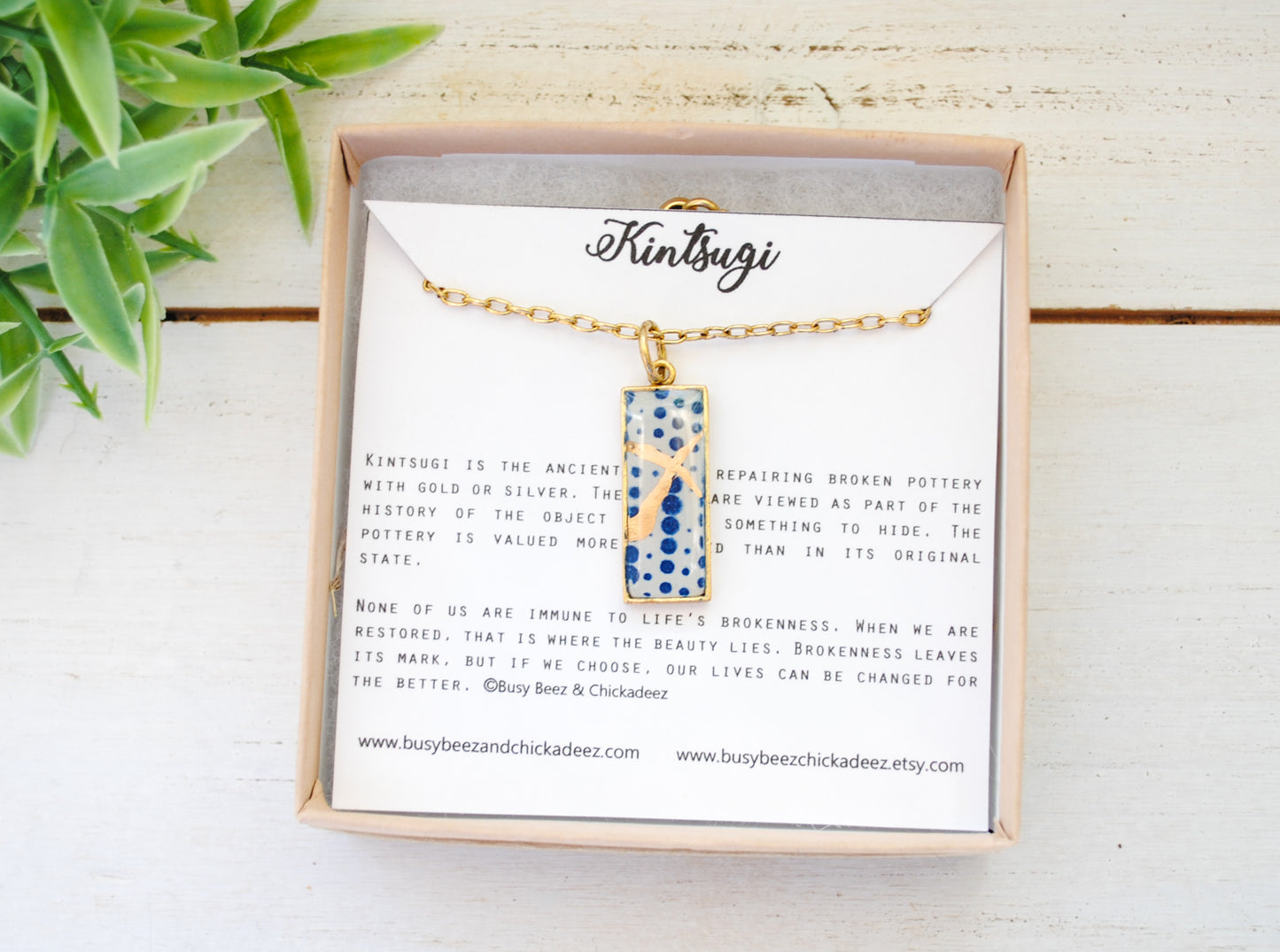 Kintsugi Inspired Pendants -Kintsugi Necklace Rectangle, blue dots