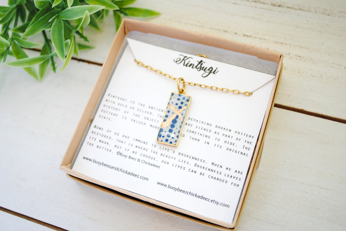 Kintsugi Inspired Pendants -Kintsugi Necklace Rectangle, blue dots