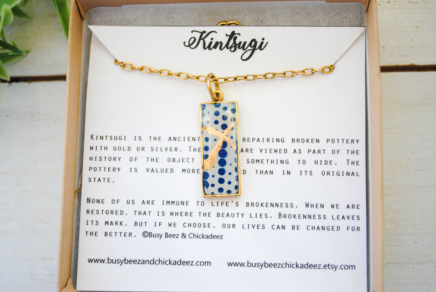 Kintsugi Inspired Pendants -Kintsugi Necklace Rectangle, blue dots