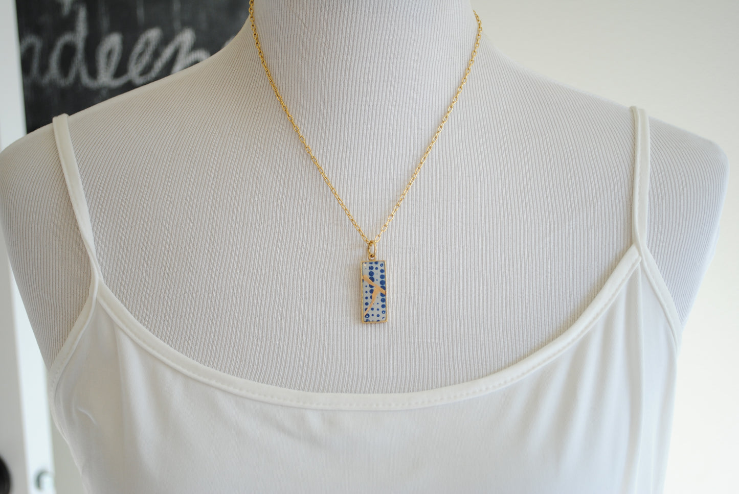 Kintsugi Inspired Pendants -Kintsugi Necklace Rectangle, blue dots