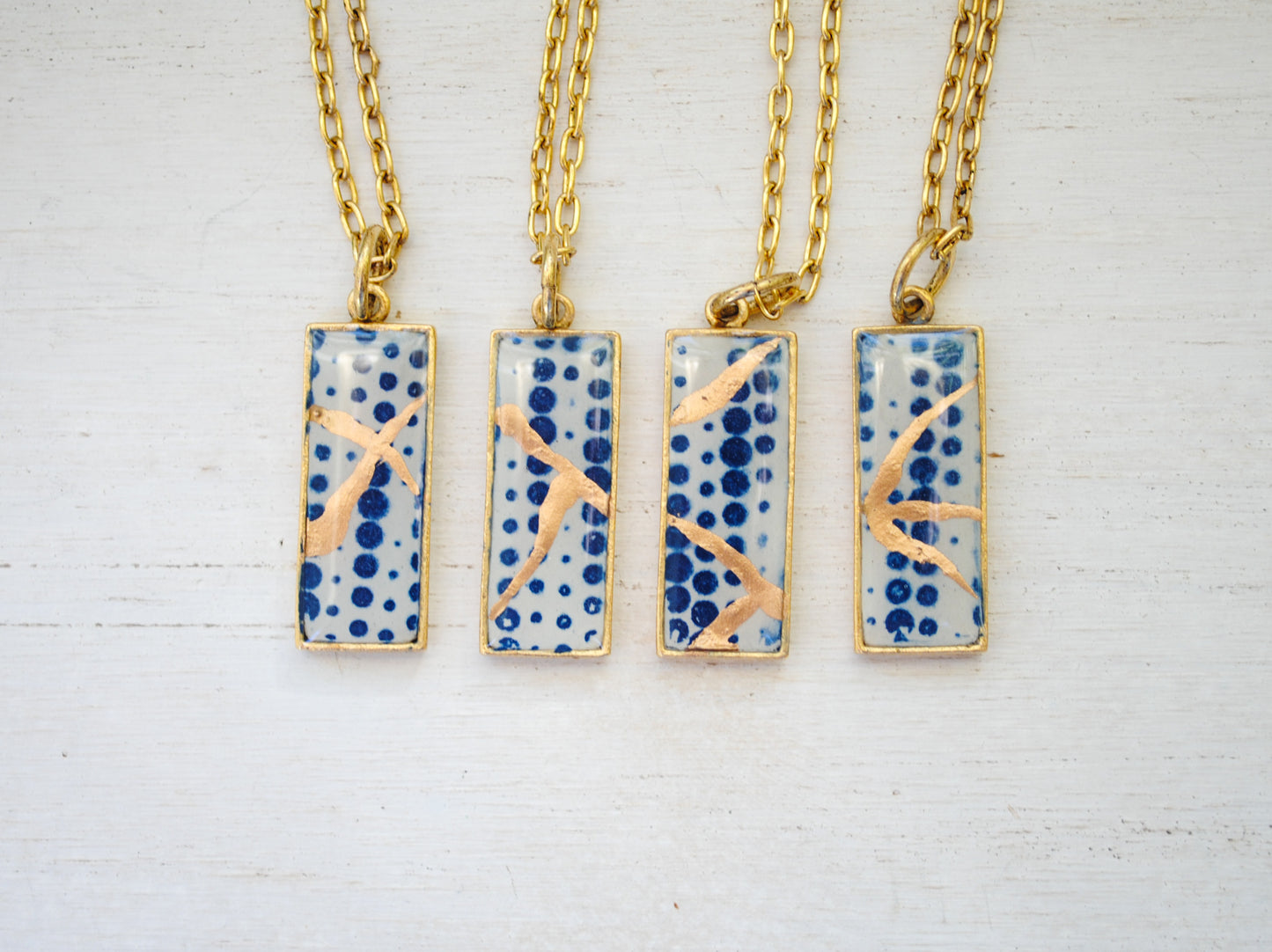 Kintsugi Inspired Pendants -Kintsugi Necklace Rectangle, blue dots