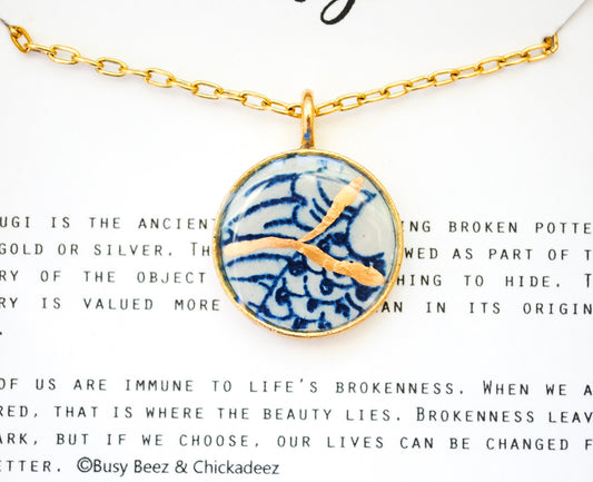 Kintsugi Inspired Pendants - Kintsugi Necklace Round, blue wave and carpe