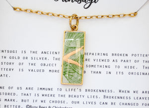 Kintsugi Inspired Pendants - Kintsugi Necklace Rectangle, green gingko leaf