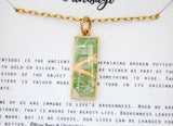 Kintsugi Inspired Pendants - Kintsugi Necklace Rectangle, green gingko leaf