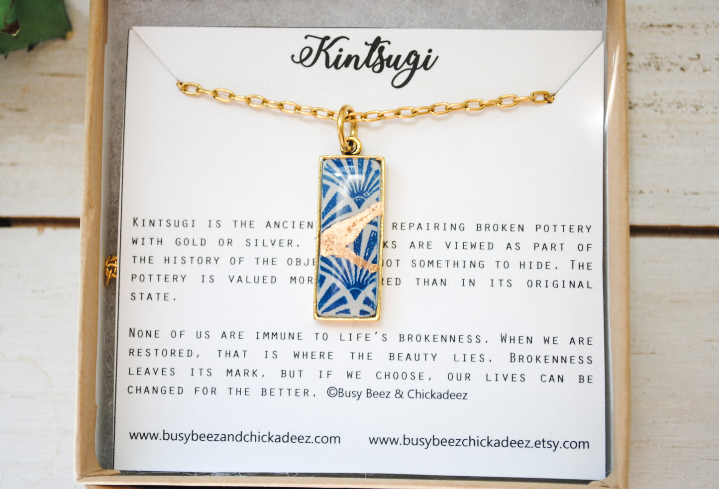 Kintsugi Inspired Pendants - Kintsugi Necklace Rectangle, blue fan gold or silver