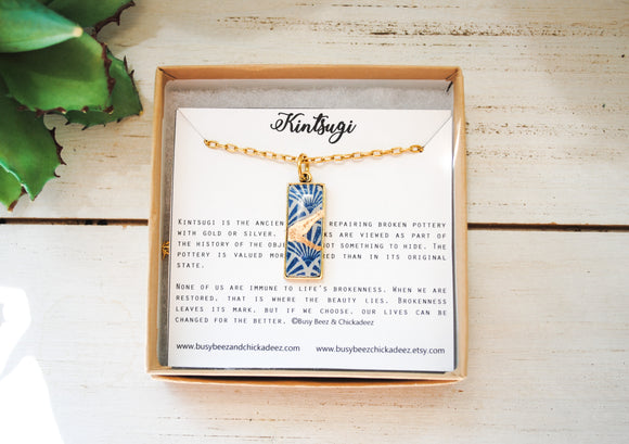 Kintsugi Inspired Pendants - Kintsugi Necklace Rectangle, blue fan gold or silver