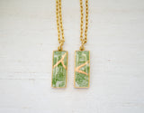 Kintsugi Inspired Pendants - Kintsugi Necklace Rectangle, green gingko leaf