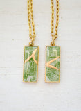 Kintsugi Inspired Pendants - Kintsugi Necklace Rectangle, green gingko leaf