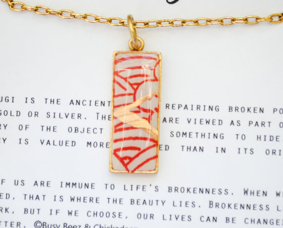 Kintsugi Inspired Pendants - Kintsugi Necklace Rectangle, red wave