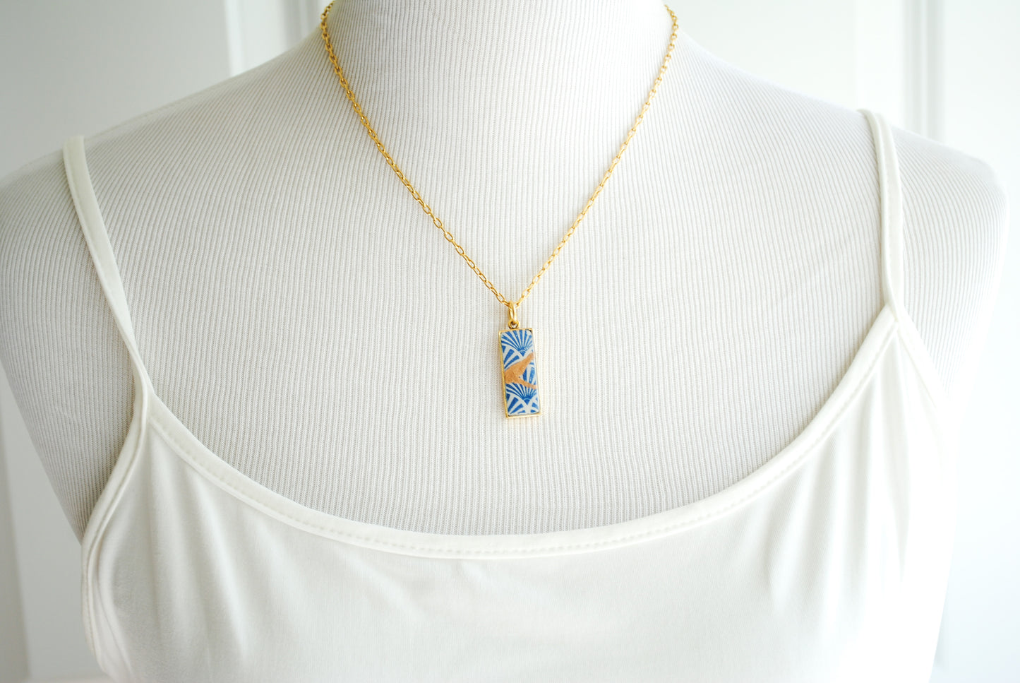 Kintsugi Inspired Pendants - Kintsugi Necklace Rectangle, blue fan gold or silver