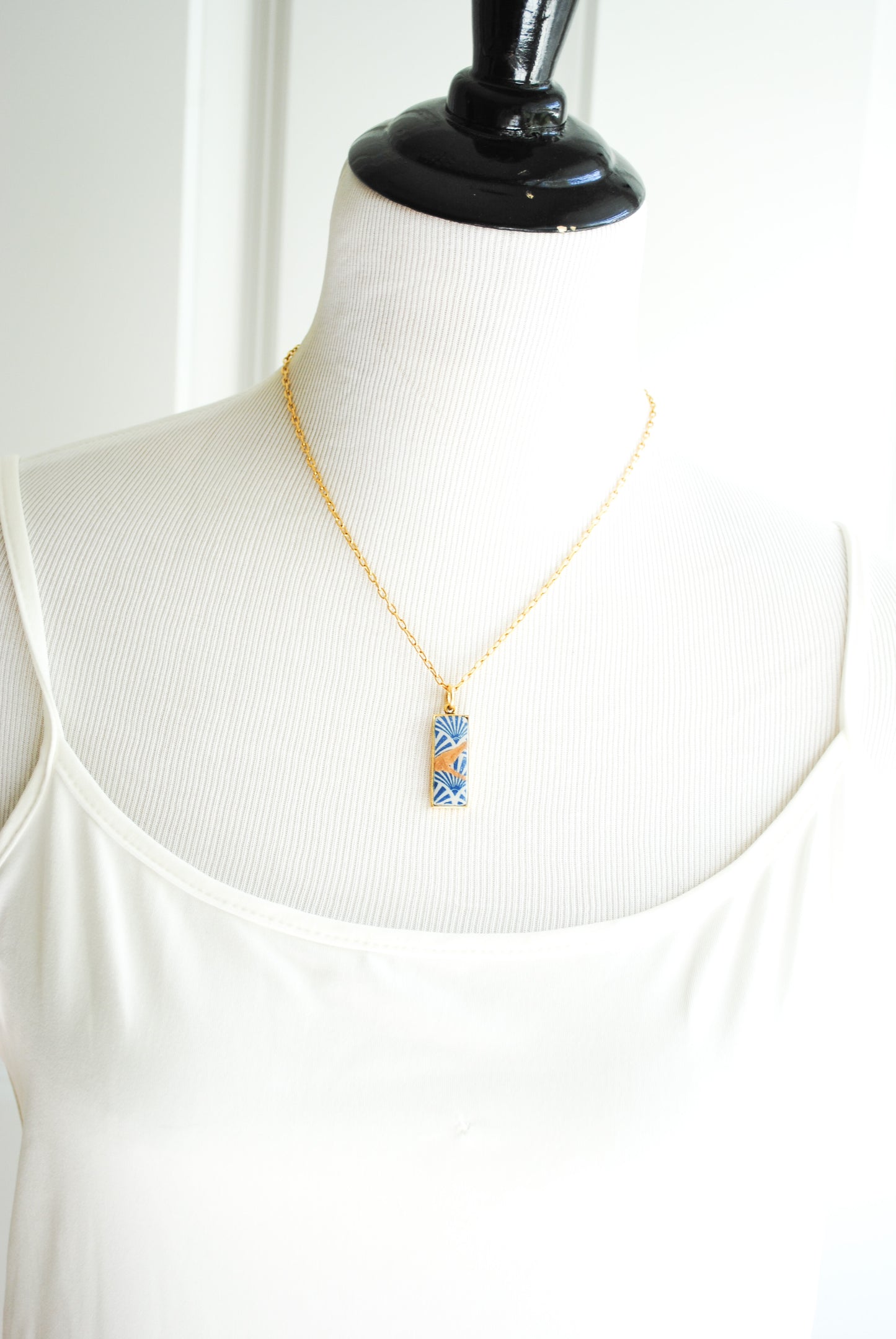 Kintsugi Inspired Pendants - Kintsugi Necklace Rectangle, blue fan gold or silver