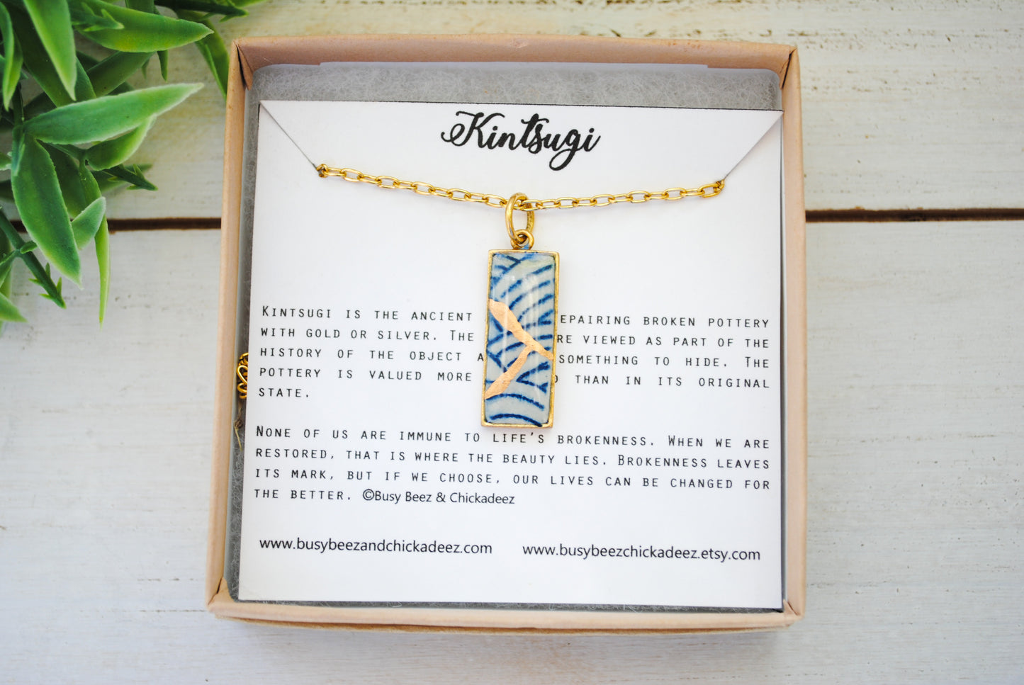 Kintsugi Inspired Pendants - Kintsugi Necklace Rectangle, blue wave