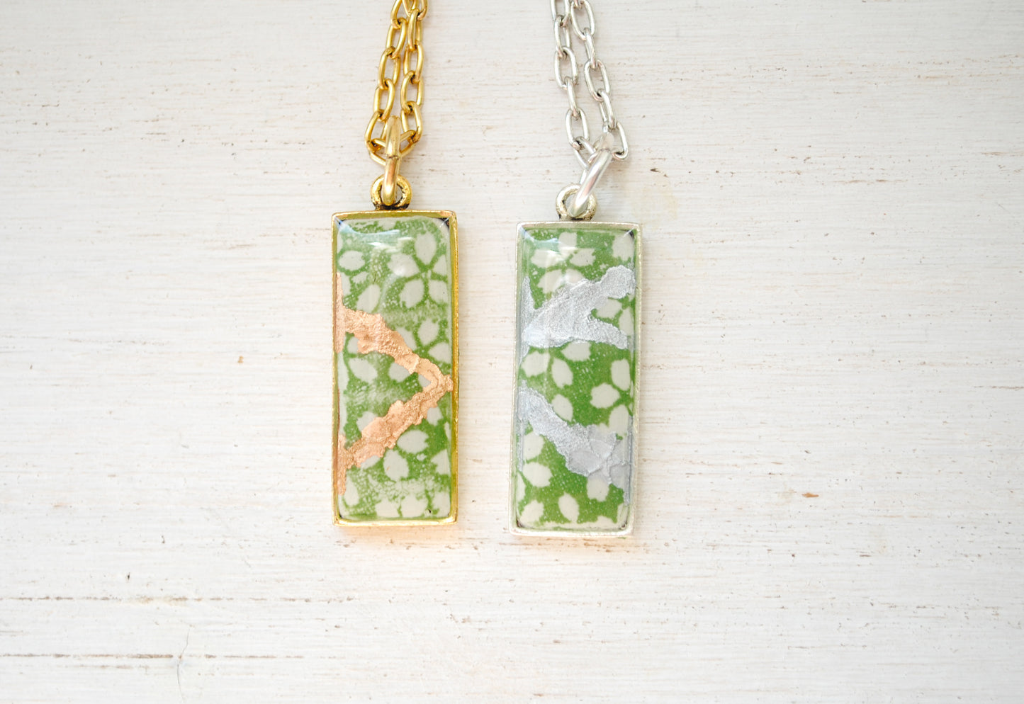 Kintsugi Inspired Pendants - Kintsugi Necklace Rectangle, green cherry blossom gold or silver