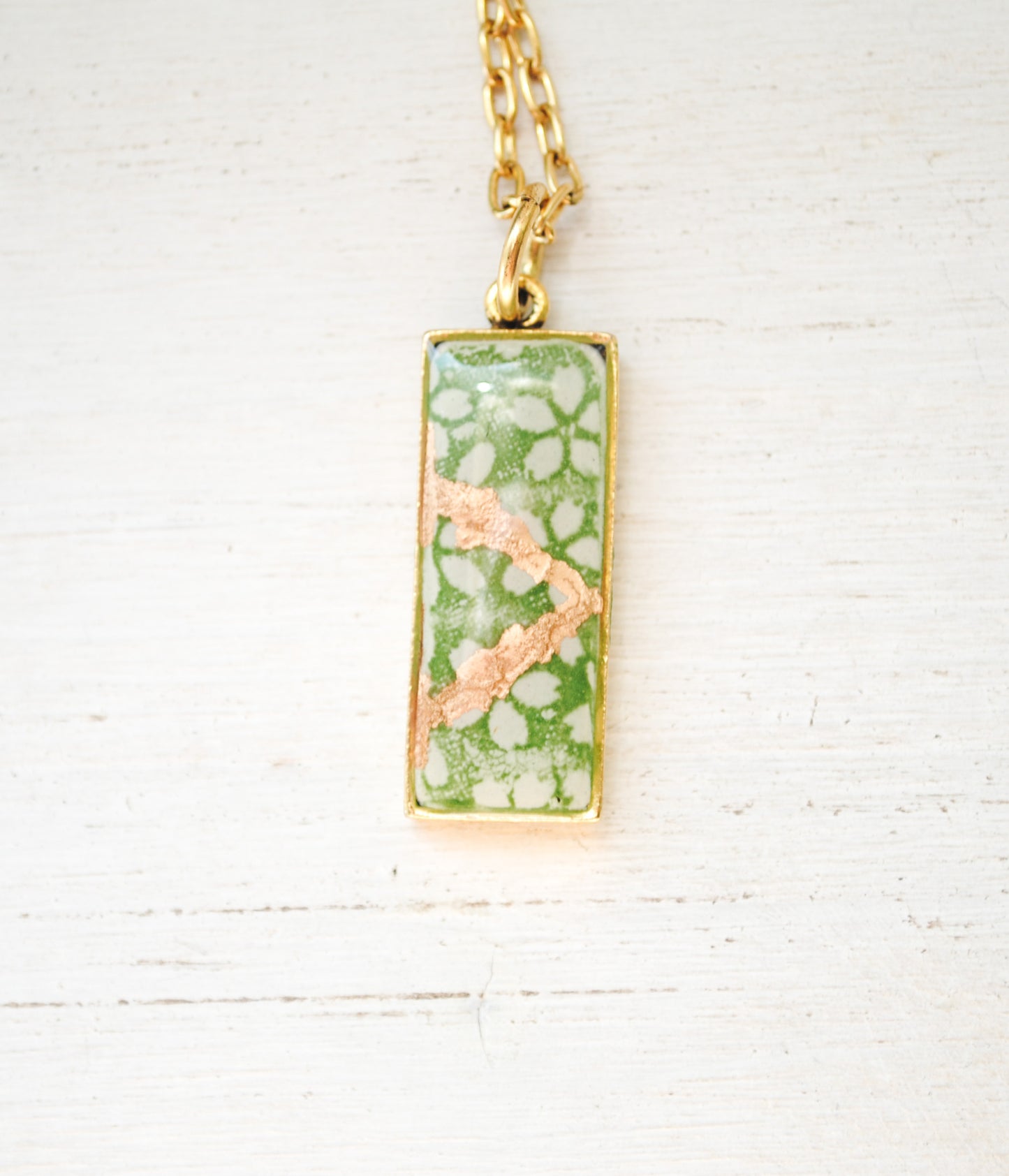 Kintsugi Inspired Pendants - Kintsugi Necklace Rectangle, green cherry blossom gold or silver