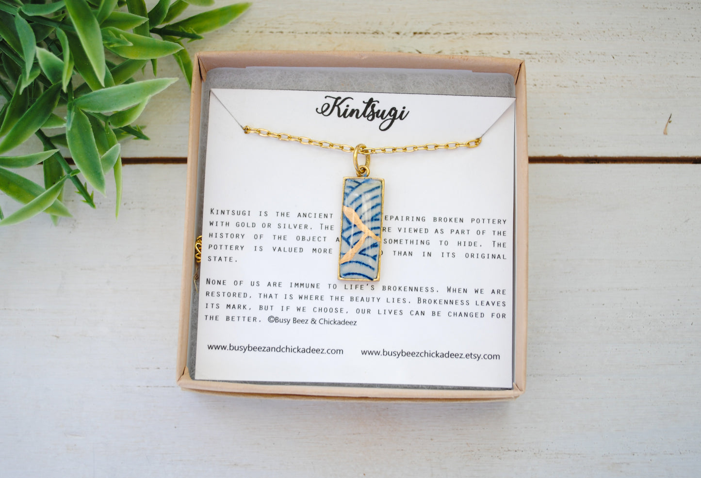 Kintsugi Inspired Pendants - Kintsugi Necklace Rectangle, blue wave