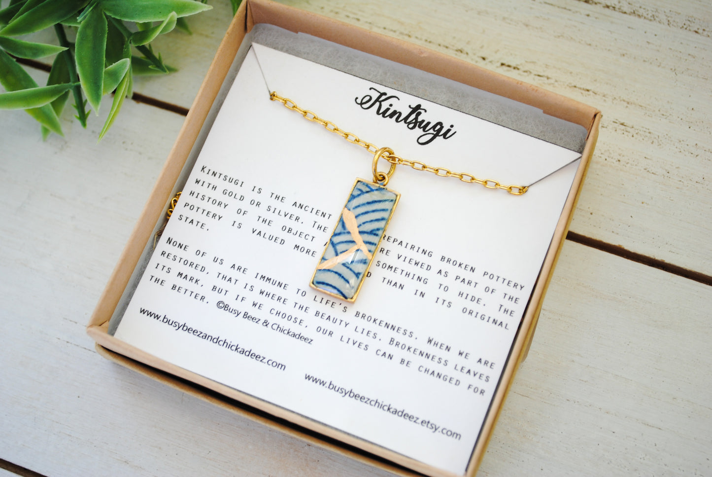 Kintsugi Inspired Pendants - Kintsugi Necklace Rectangle, blue wave