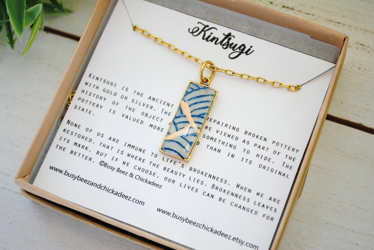 Kintsugi Inspired Pendants - Kintsugi Necklace Rectangle, blue wave