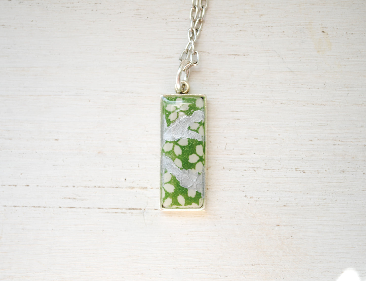 Kintsugi Inspired Pendants - Kintsugi Necklace Rectangle, green cherry blossom gold or silver