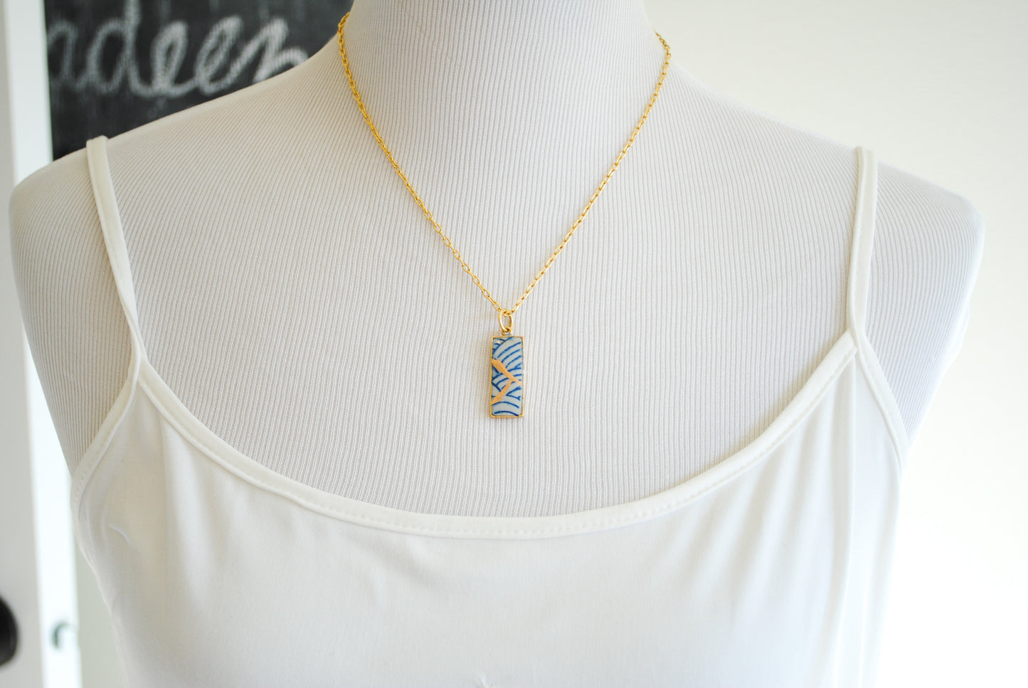 Kintsugi Inspired Pendants - Kintsugi Necklace Rectangle, blue wave