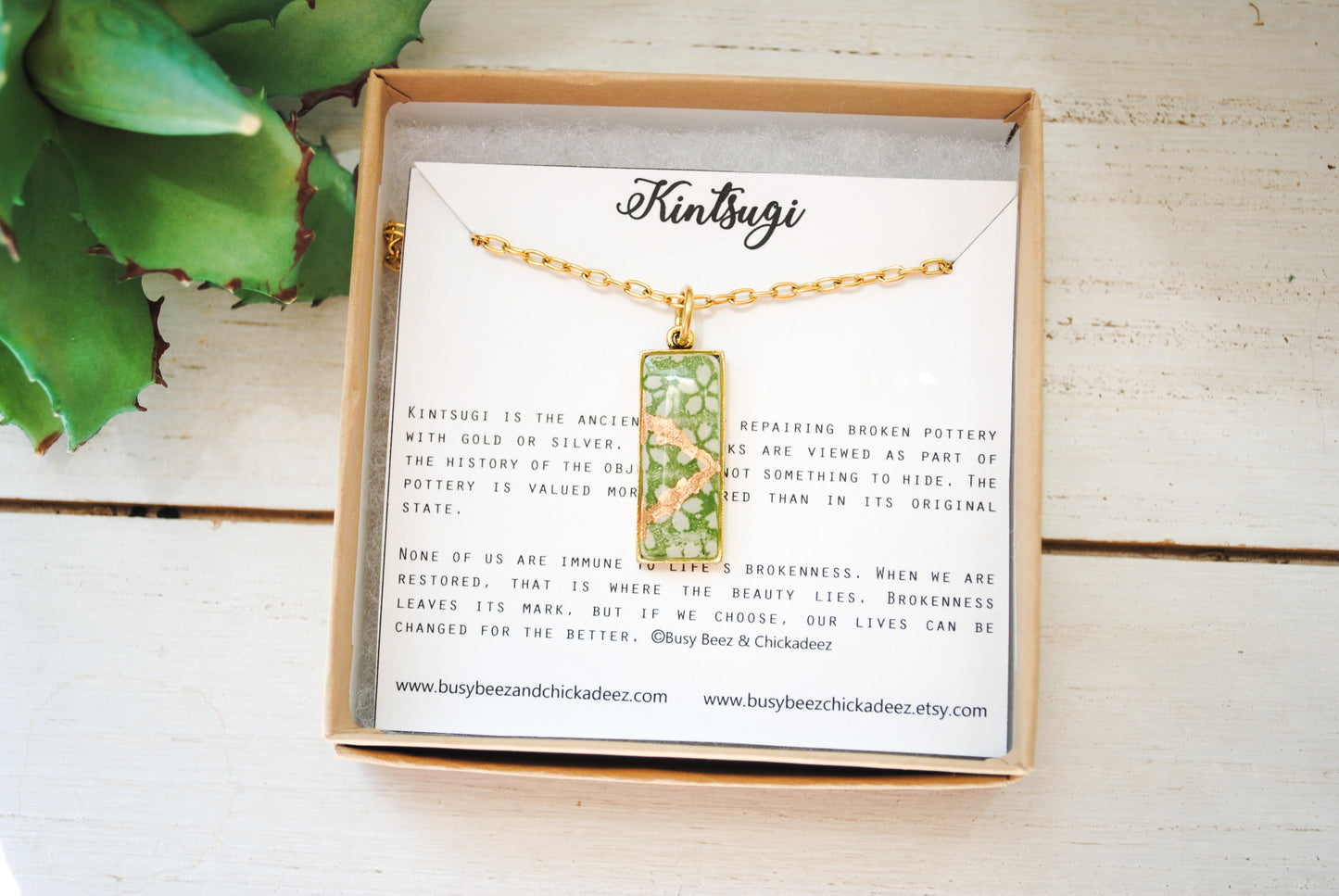 Kintsugi Inspired Pendants - Kintsugi Necklace Rectangle, green cherry blossom gold or silver