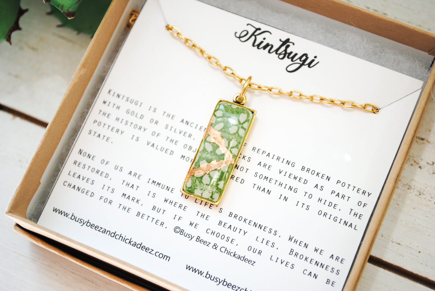 Kintsugi Inspired Pendants - Kintsugi Necklace Rectangle, green cherry blossom gold or silver