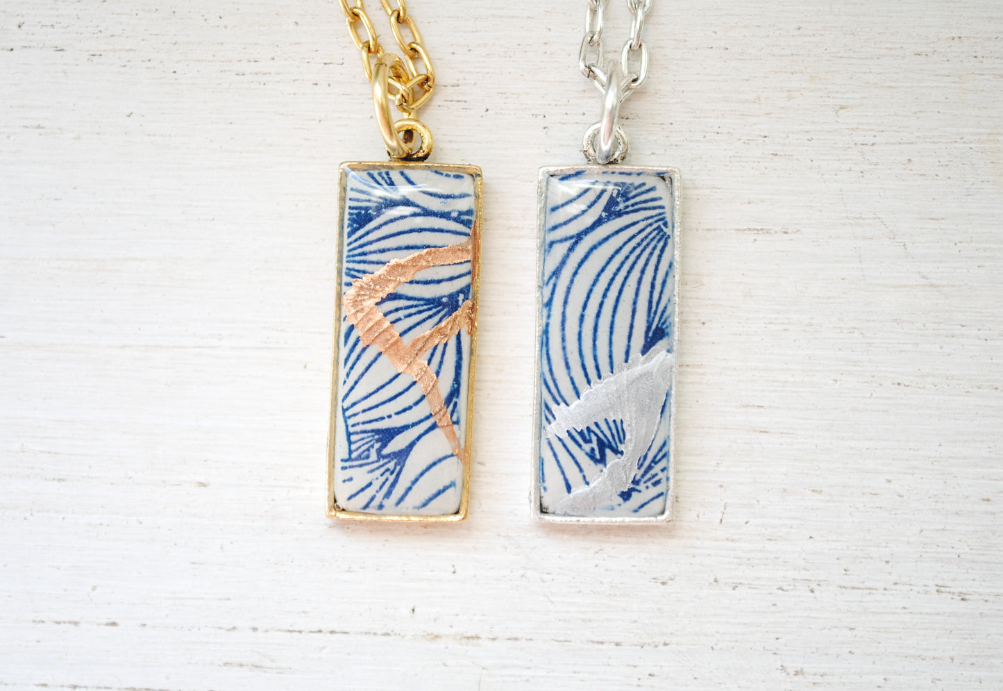 Kintsugi Inspired Pendants - Kintsugi Necklace Rectangle, blue petal gold or silver