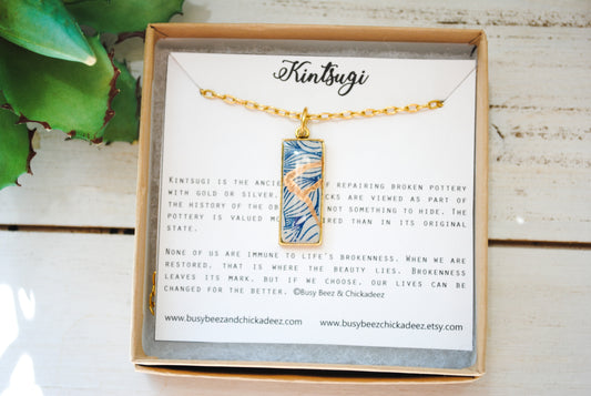 Kintsugi Inspired Pendants - Kintsugi Necklace Rectangle, blue petal gold or silver