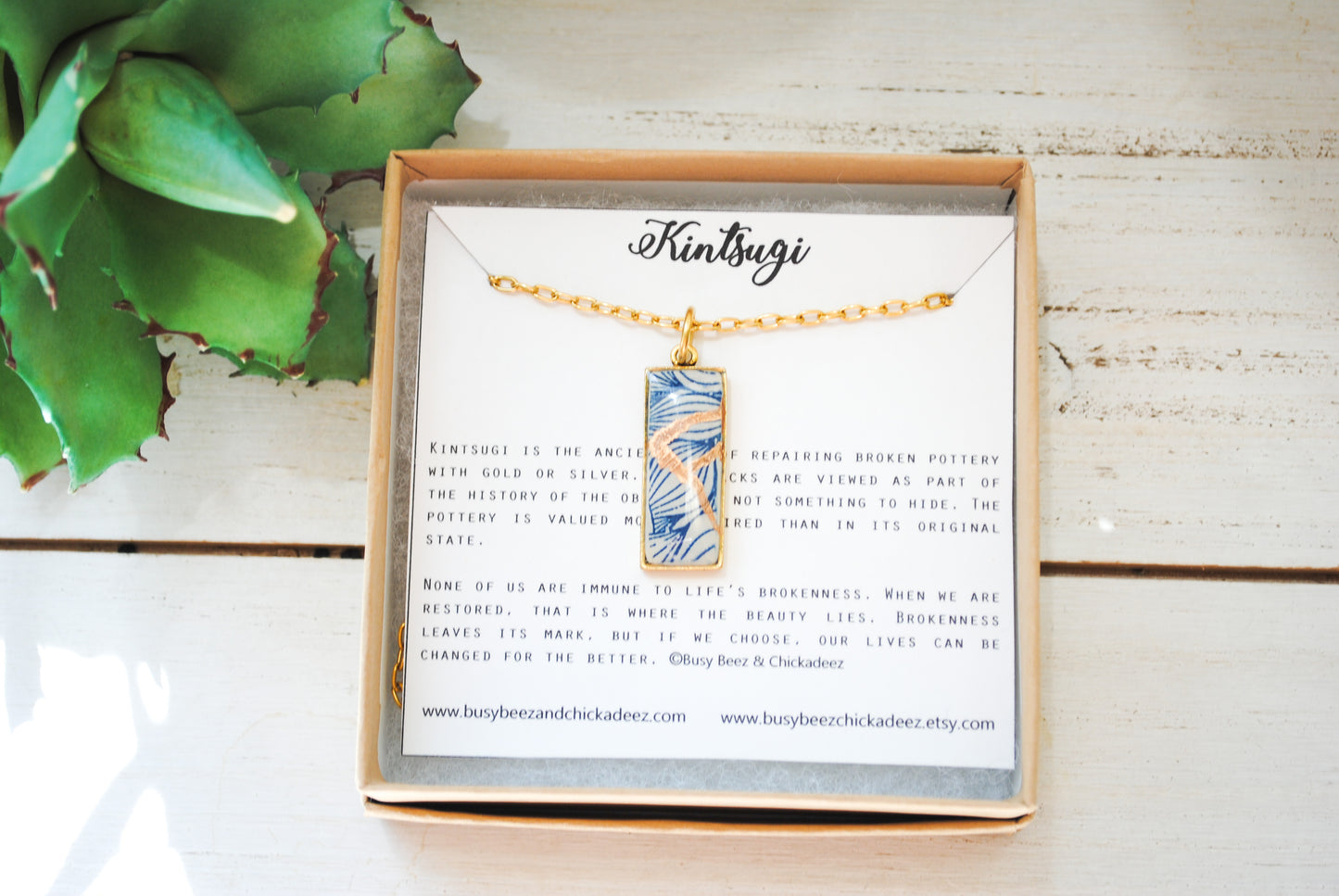 Kintsugi Inspired Pendants - Kintsugi Necklace Rectangle, blue petal gold or silver