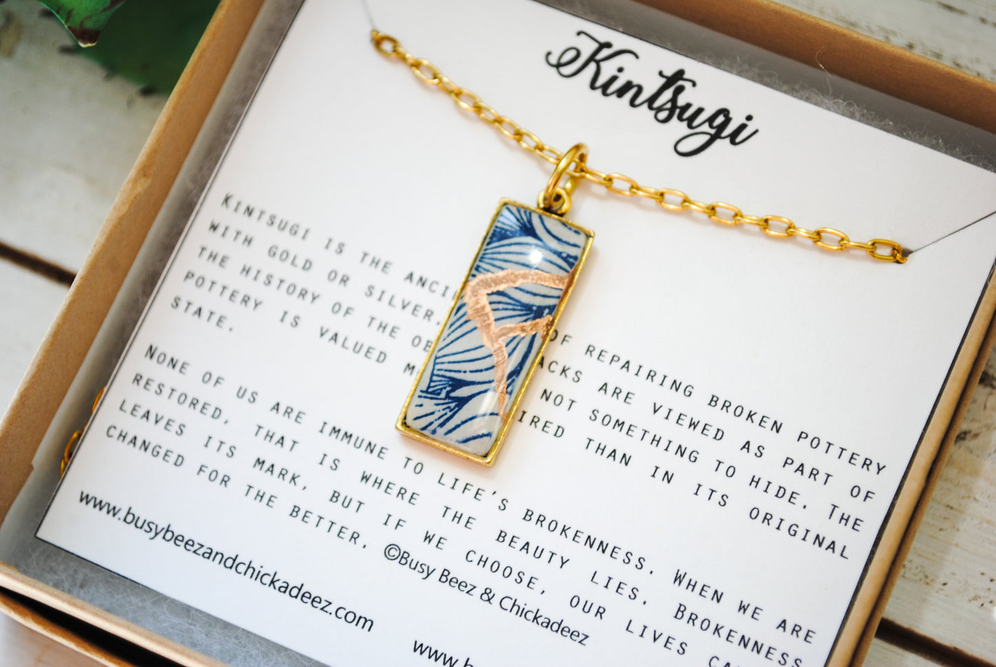 Kintsugi Inspired Pendants - Kintsugi Necklace Rectangle, blue petal gold or silver