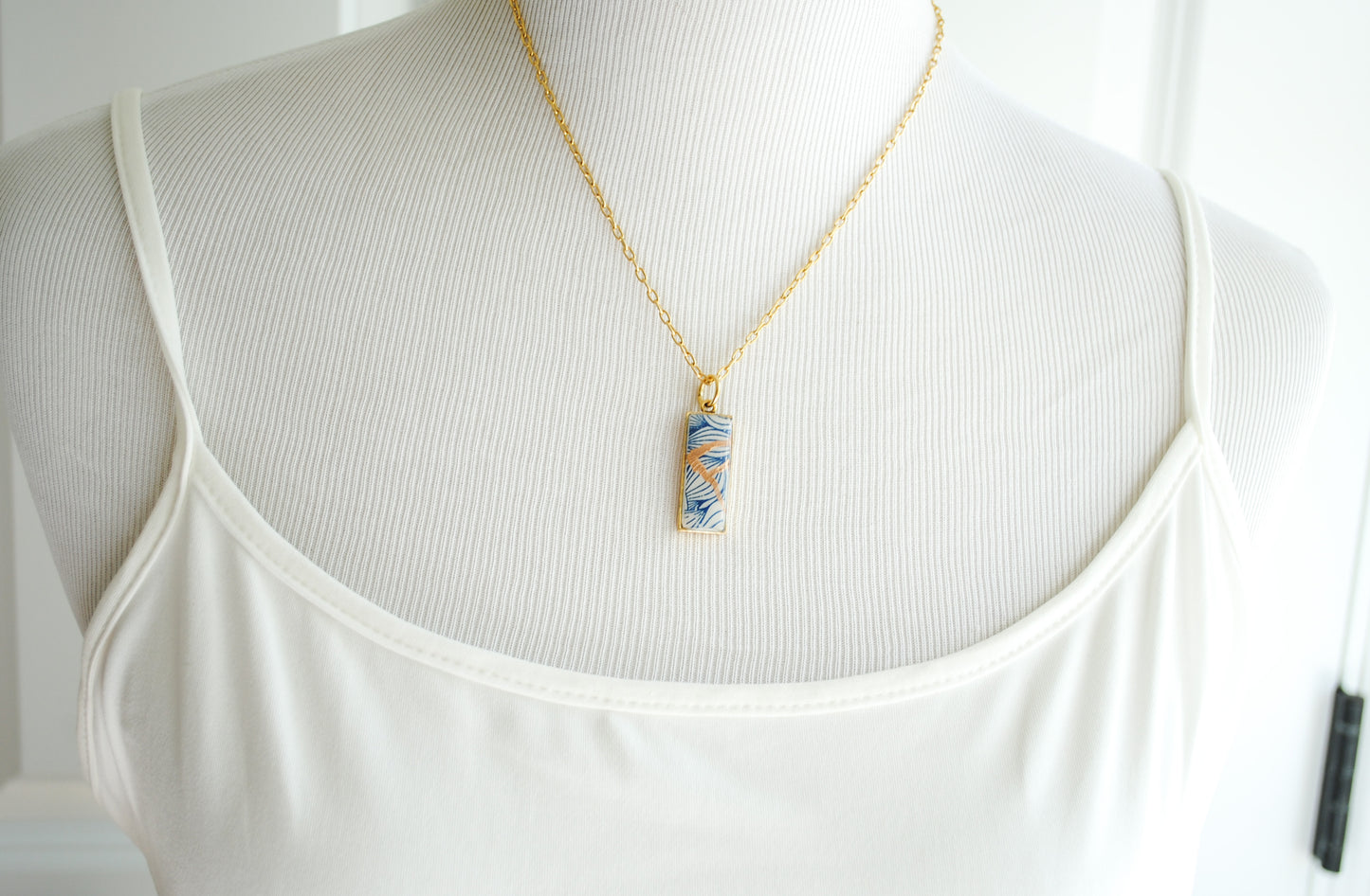 Kintsugi Inspired Pendants - Kintsugi Necklace Rectangle, blue petal gold or silver