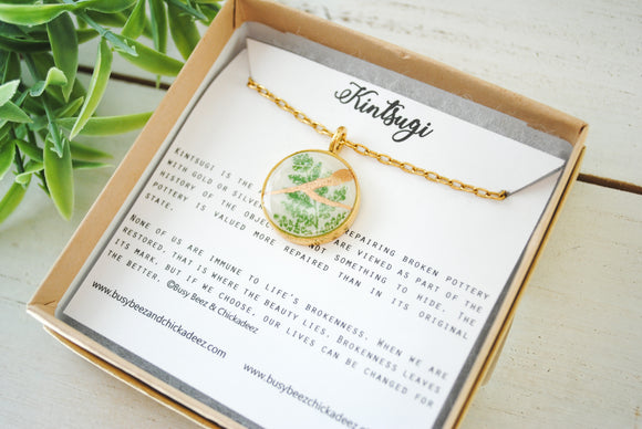 Kintsugi Inspired Pendants - Kintsugi Necklace Round, green fern